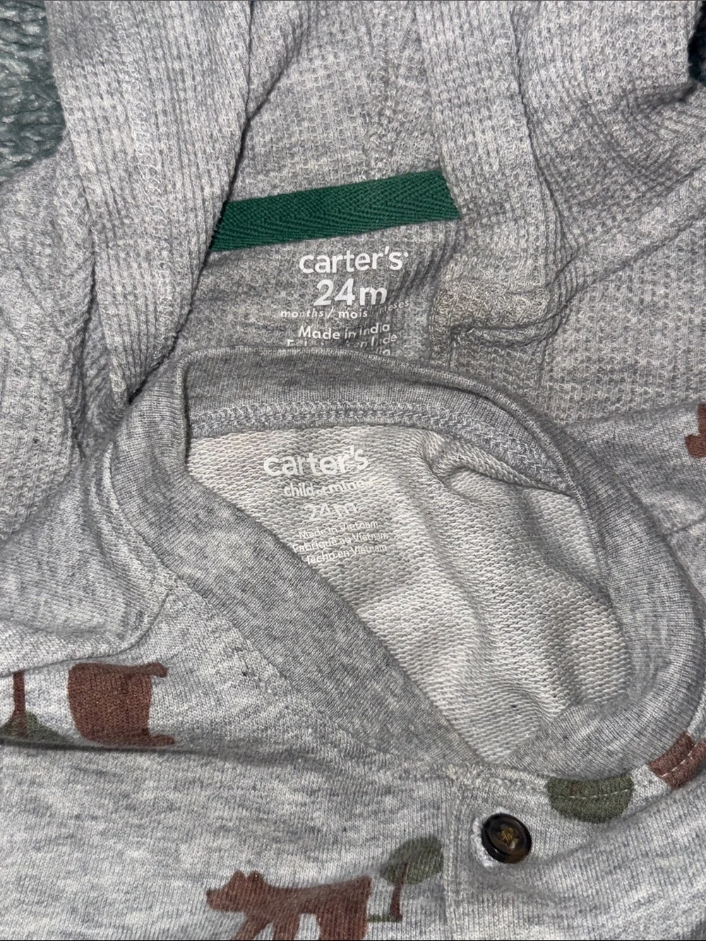 Carter's Grey 🐻 Print & Solid Hooded One-Piece Footies - Bundle of 2 - 24 months